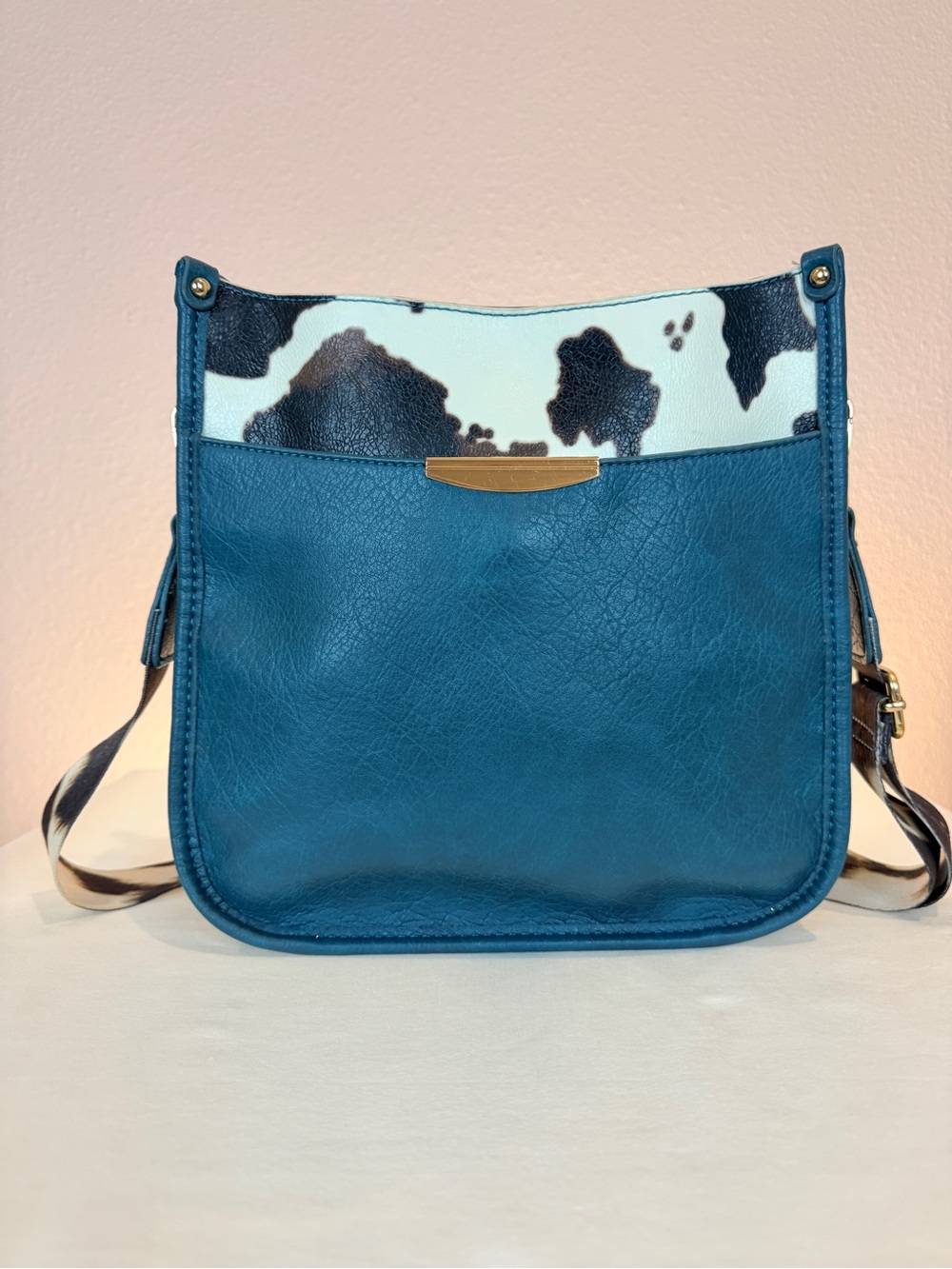 Teal Blue Western Cow Print Crossbody Bag with Guitar Strap